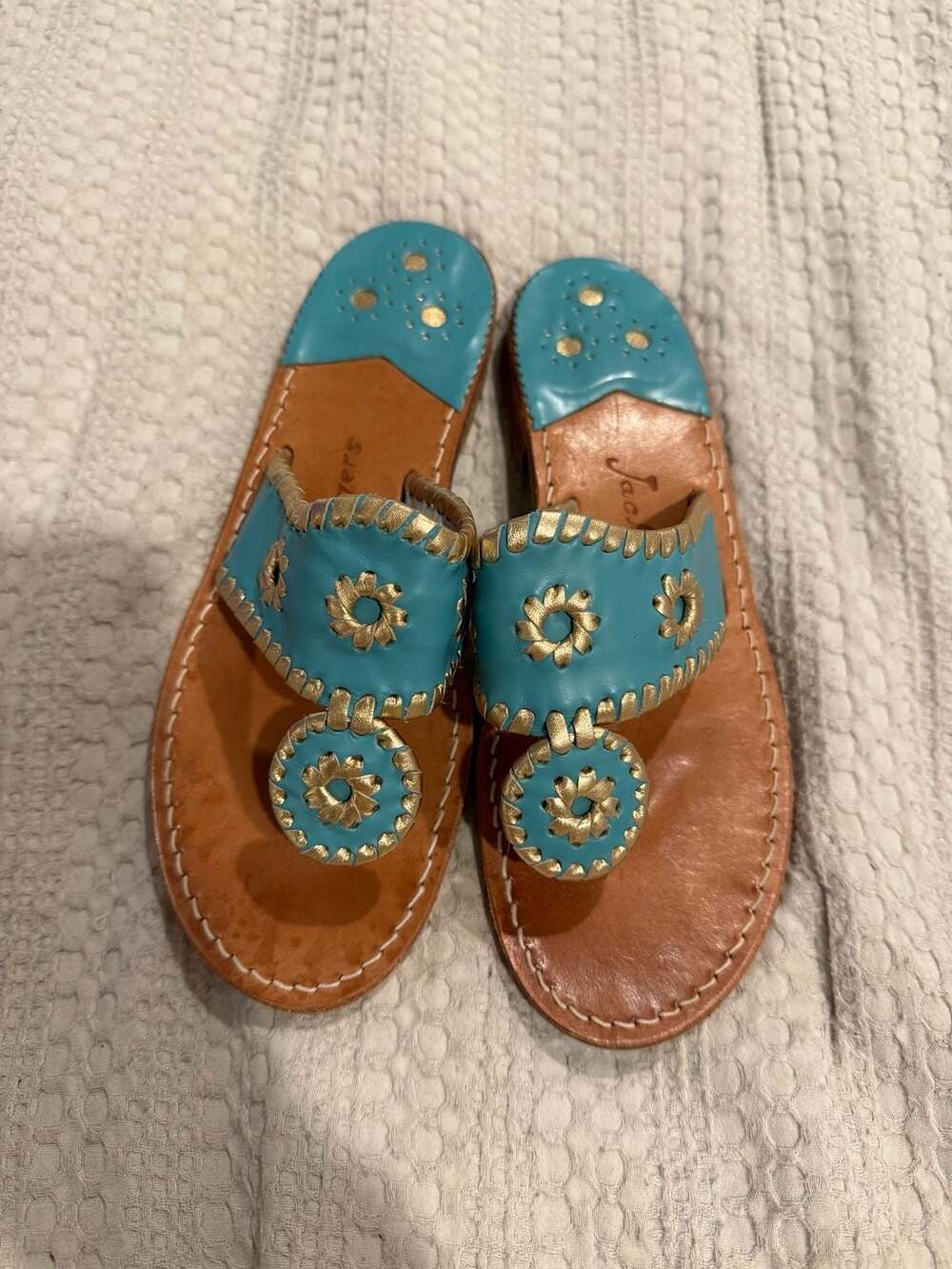 Jack Rogers Turquoise and Gold Leather Palm Beach Flat Sandals Size 6M